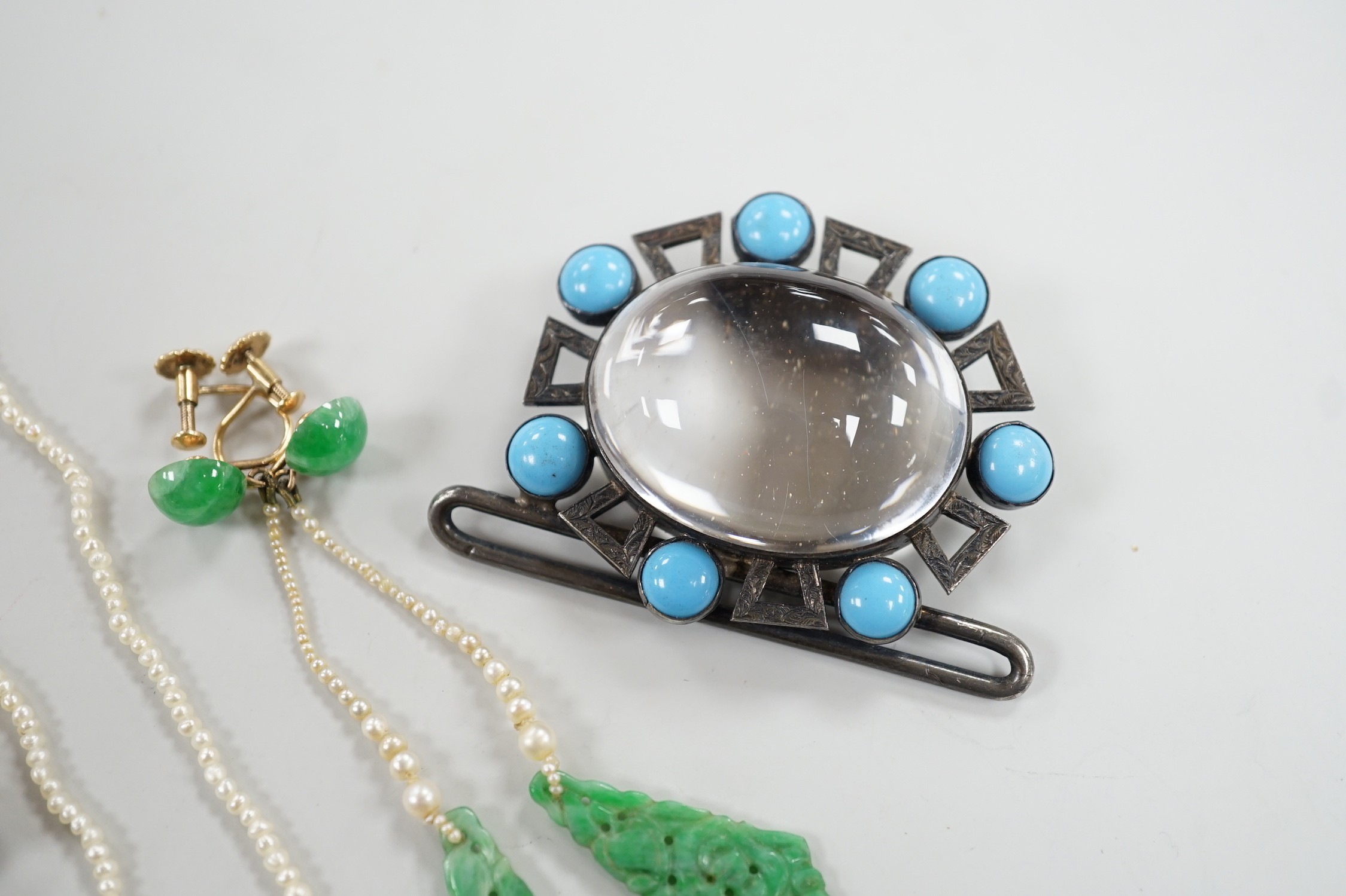 A pair of yellow metal, jade and seed pearl set drop earrings, 7cm, a seed pearl necklace with 9ct clasp, a belt section and a paste set brooch.